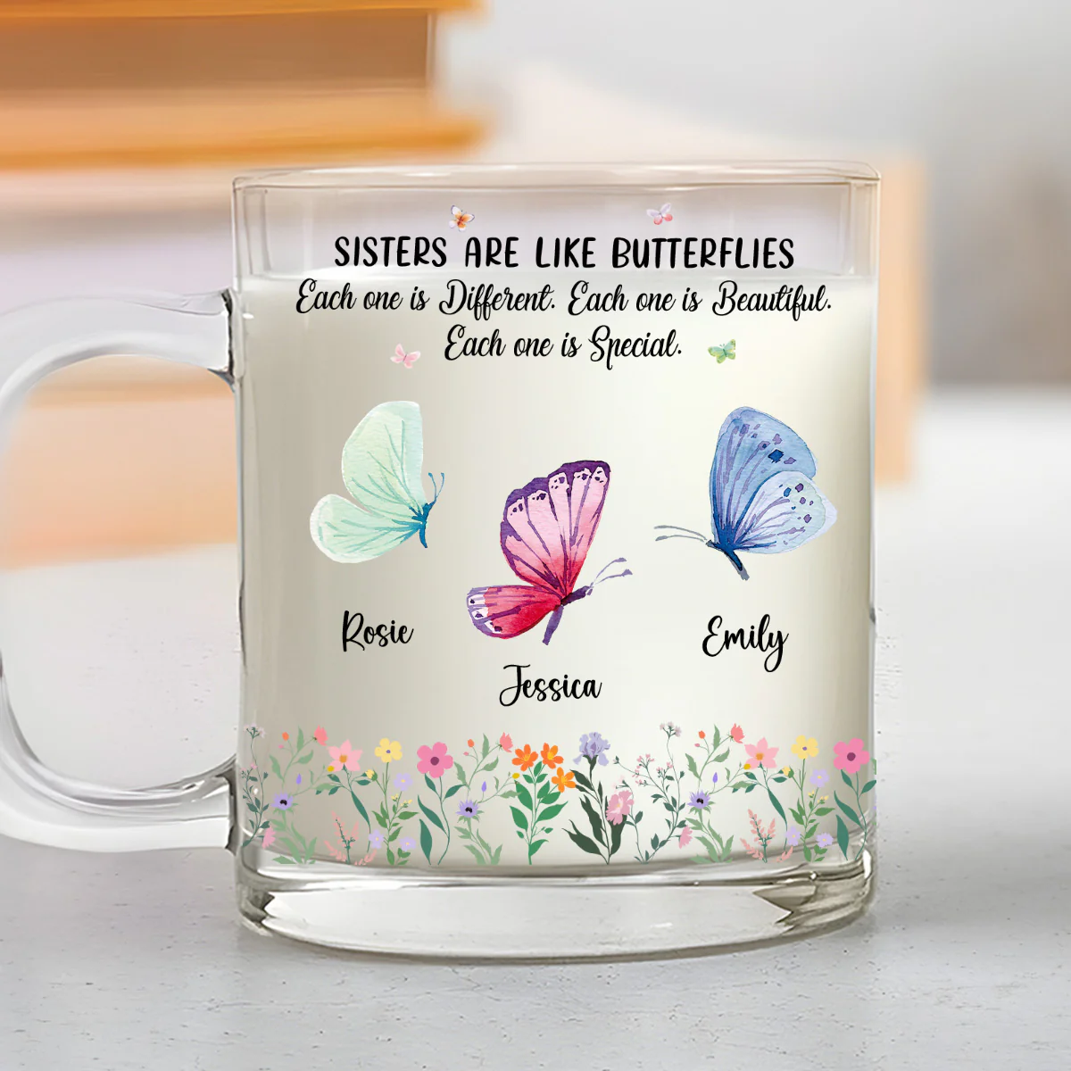 Sisters Flutter Through Life Beautifully - Personalized Custom Glass Mug - Image 2