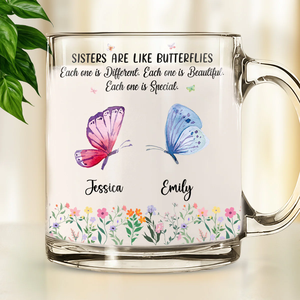 Sisters Flutter Through Life Beautifully - Personalized Custom Glass Mug - Image 4