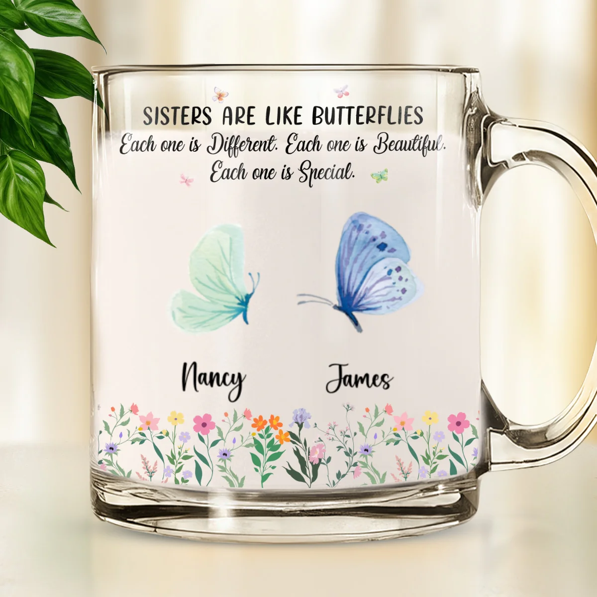 Sisters Flutter Through Life Beautifully - Personalized Custom Glass Mug - Image 6