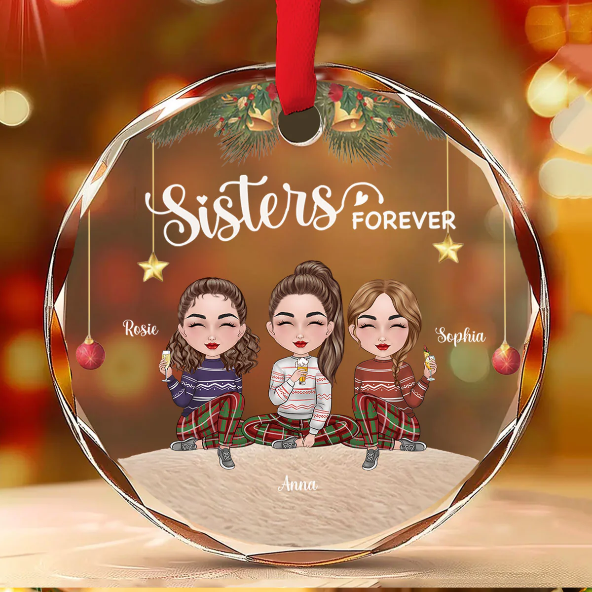 Sisters Forever Christmas - Personalized Custom Glass Ornament - Image 2