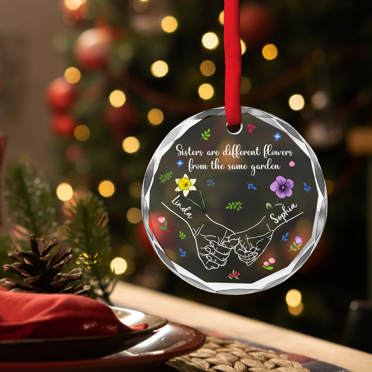 Sisters From The Same Garden - Personalized Custom Glass Ornament - Image 3
