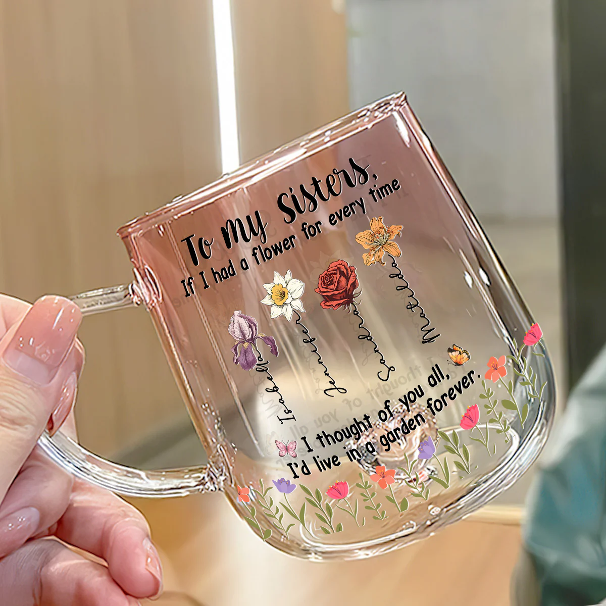 Sisters Make Life More Beautiful - Personalized Custom Pink Gradient Glass Mug - Image 3
