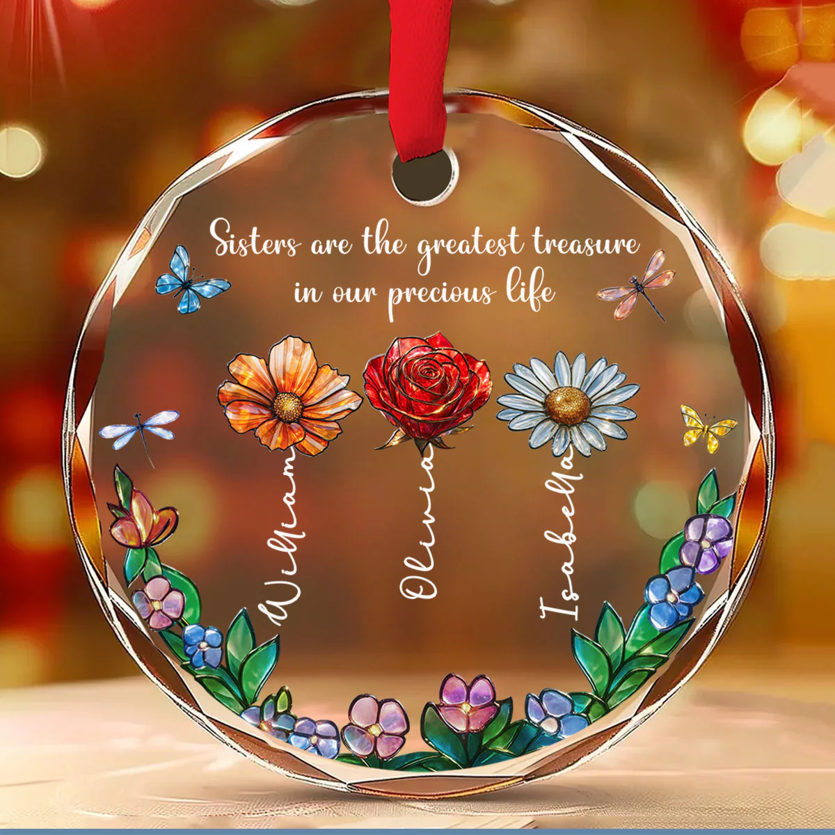 Sisters Make The World Brighter - Personalized Custom Glass Ornament - Image 2