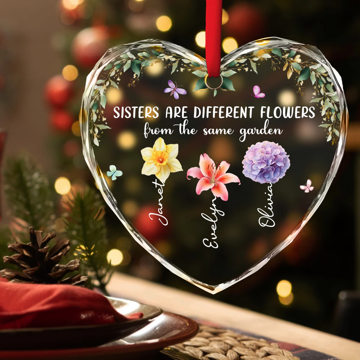 Sisters Rooted In One Garden - Personalized Custom Glass Ornament - Image 2