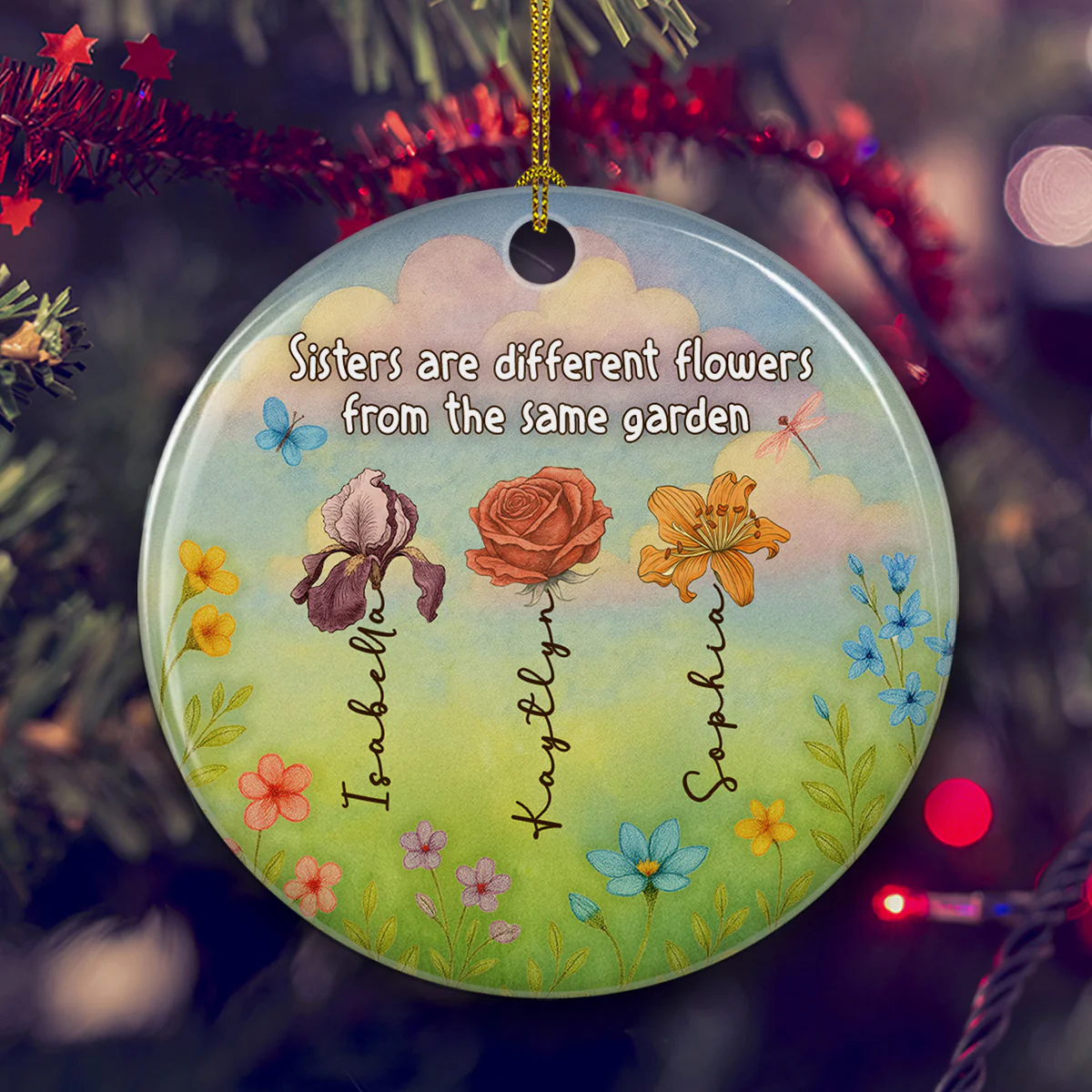 Sisters Shine Like Bright Flowers - Personalized Custom Ceramic Ornament - Image 2
