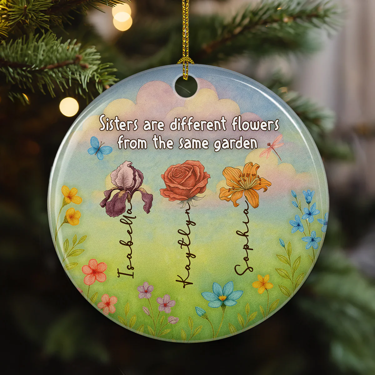 Sisters Shine Like Bright Flowers - Personalized Custom Ceramic Ornament - Image 3
