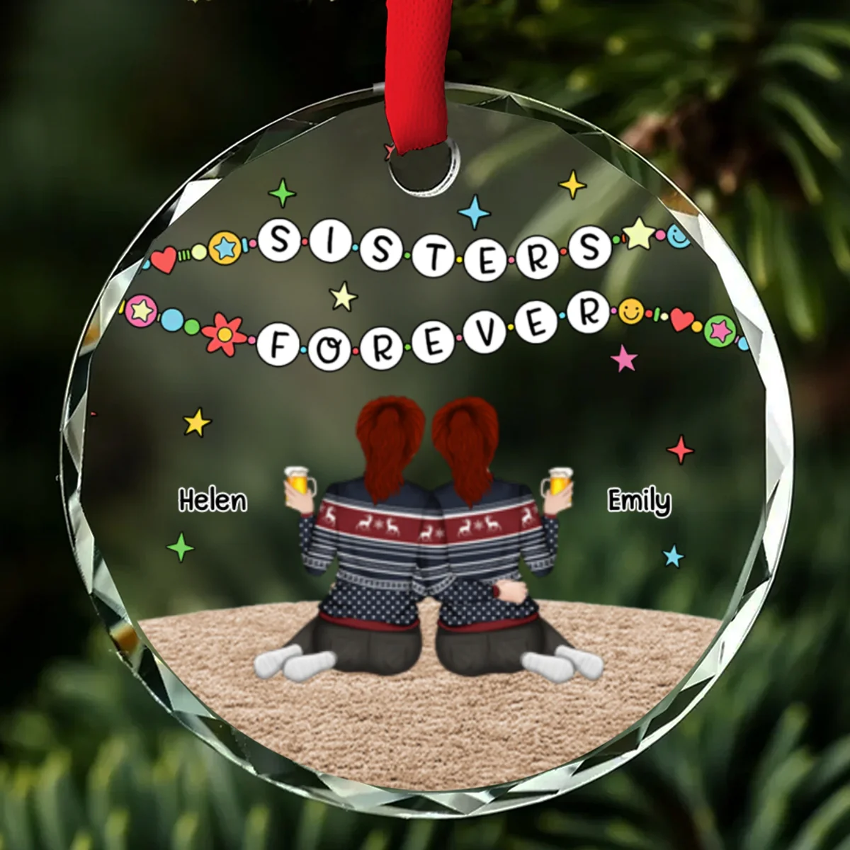 Sisters Sitting Colorful - Personalized Custom Glass Ornament - Image 6