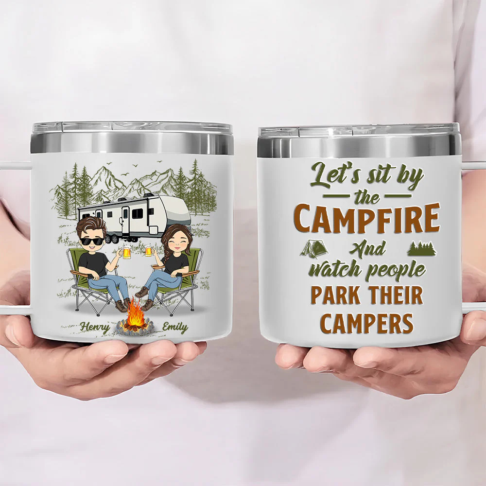 Sit By The Campfire - Personalized Custom 14oz Stainless Steel Tumbler With Handle - Image 3