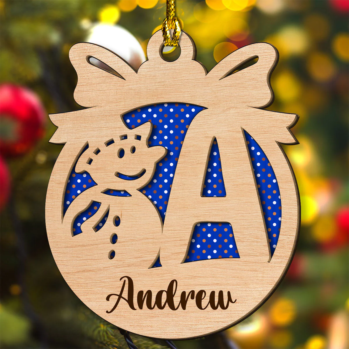 Snowman And Name Letter - Personalized Custom 2-layered Wood Ornament - Image 3