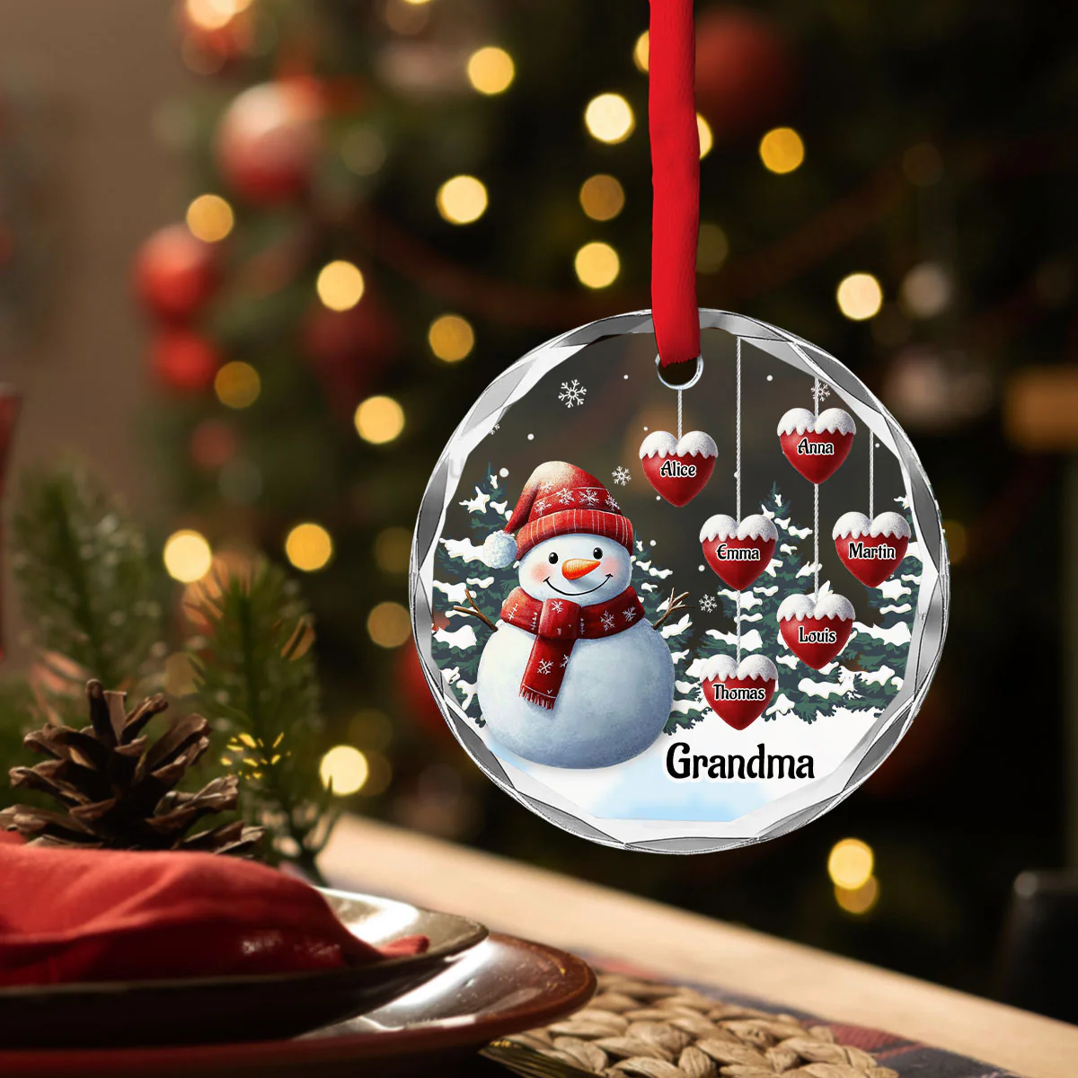 Snowman Kid And Grandma - Personalized Custom Glass Ornament - Image 3