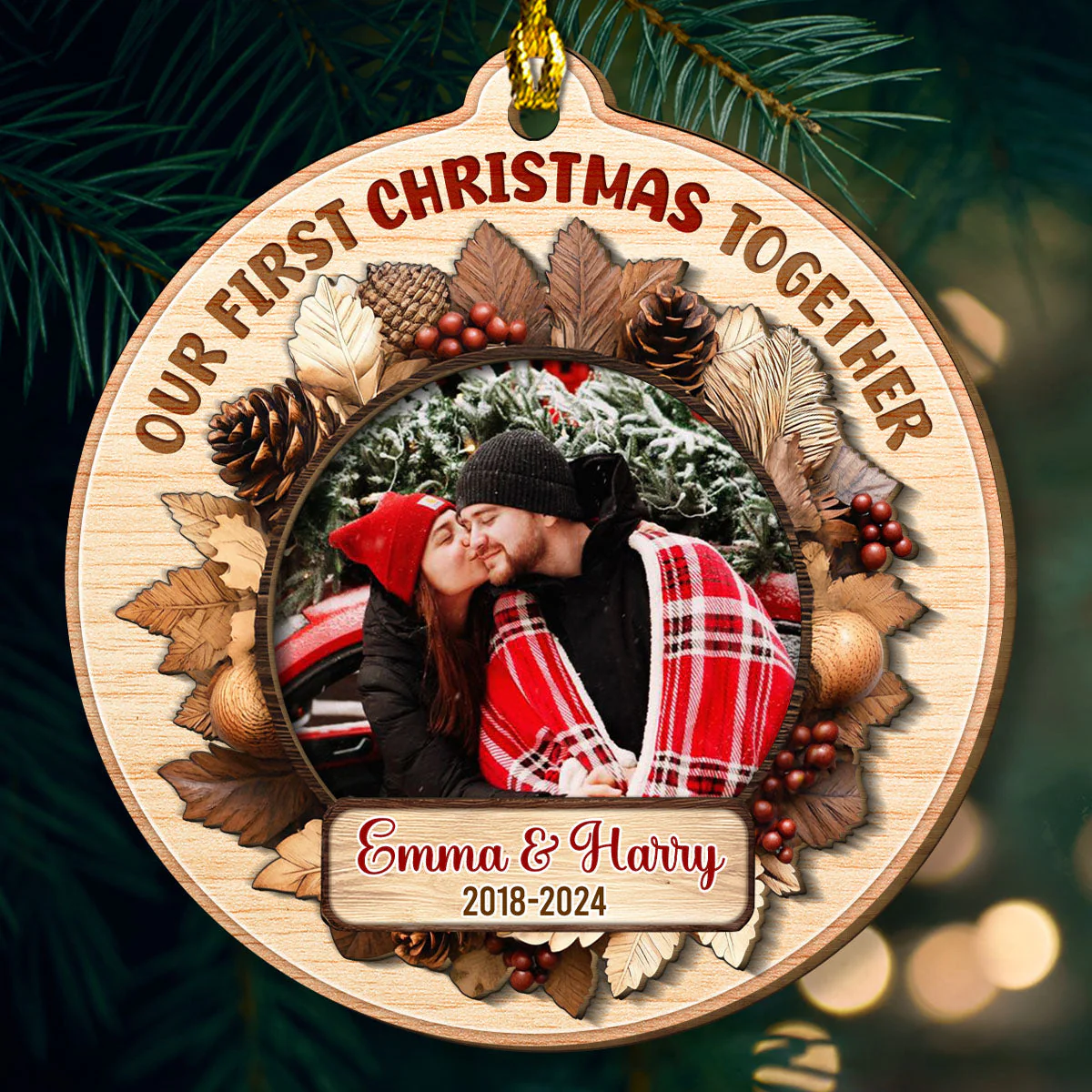Snowy Love First Christmas - Personalized Custom Freeshape 2-Layered Wood Ornament
