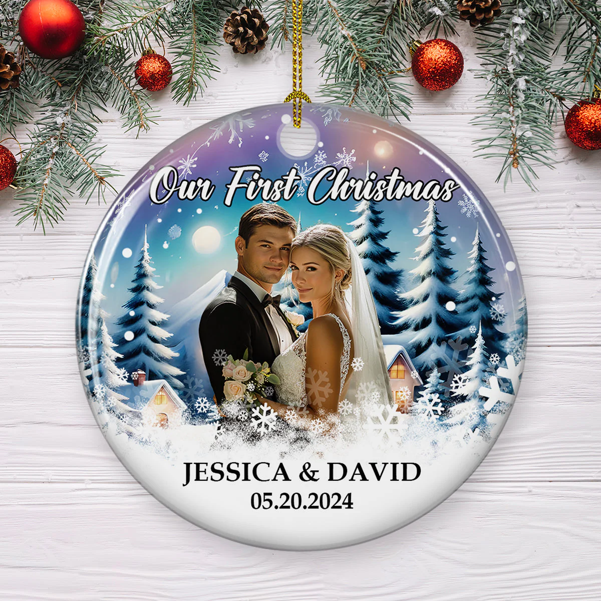 Snowy Love First Christmas - Personalized Custom Ceramic Ornament - Image 3