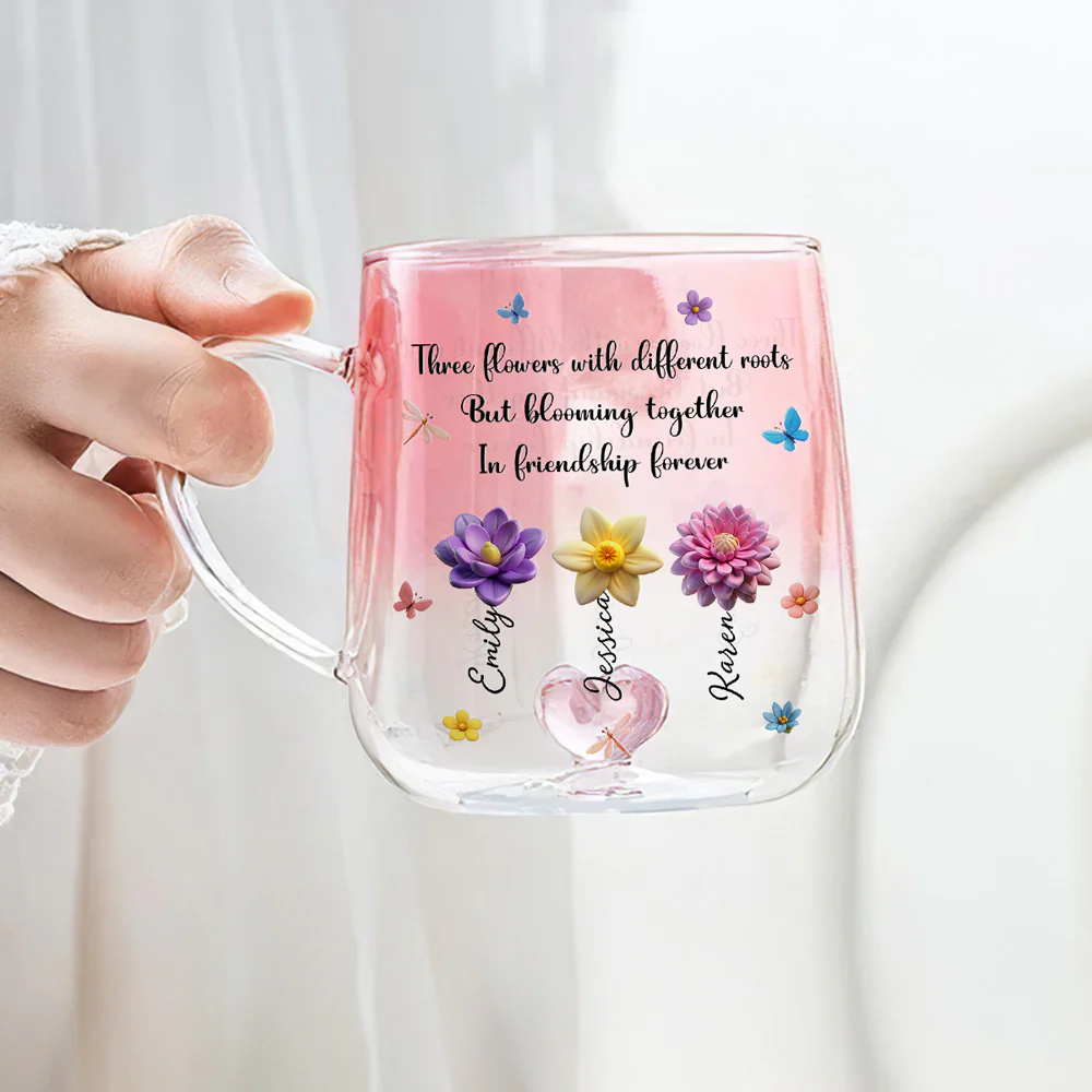 Strong Roots Endless Friendship Blossoms - Personalized Custom Pink Gradient Glass Mug - Image 3