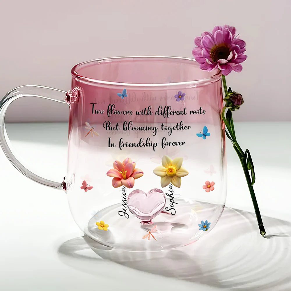 Strong Roots Endless Friendship Blossoms - Personalized Custom Pink Gradient Glass Mug - Image 4