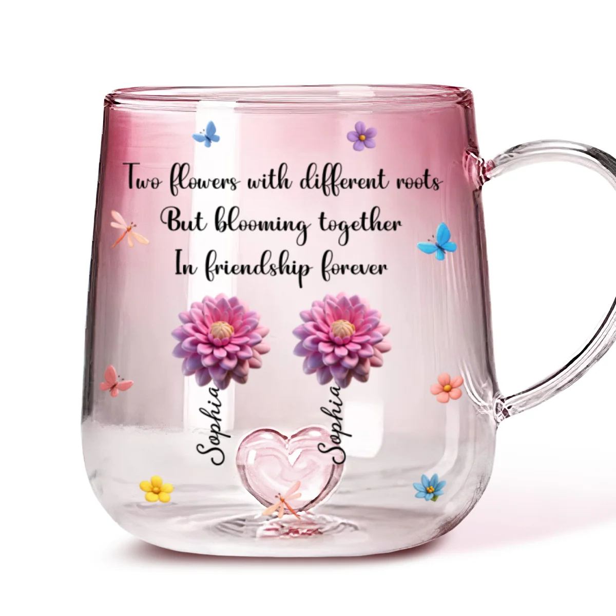 Strong Roots Endless Friendship Blossoms - Personalized Custom Pink Gradient Glass Mug - Image 6