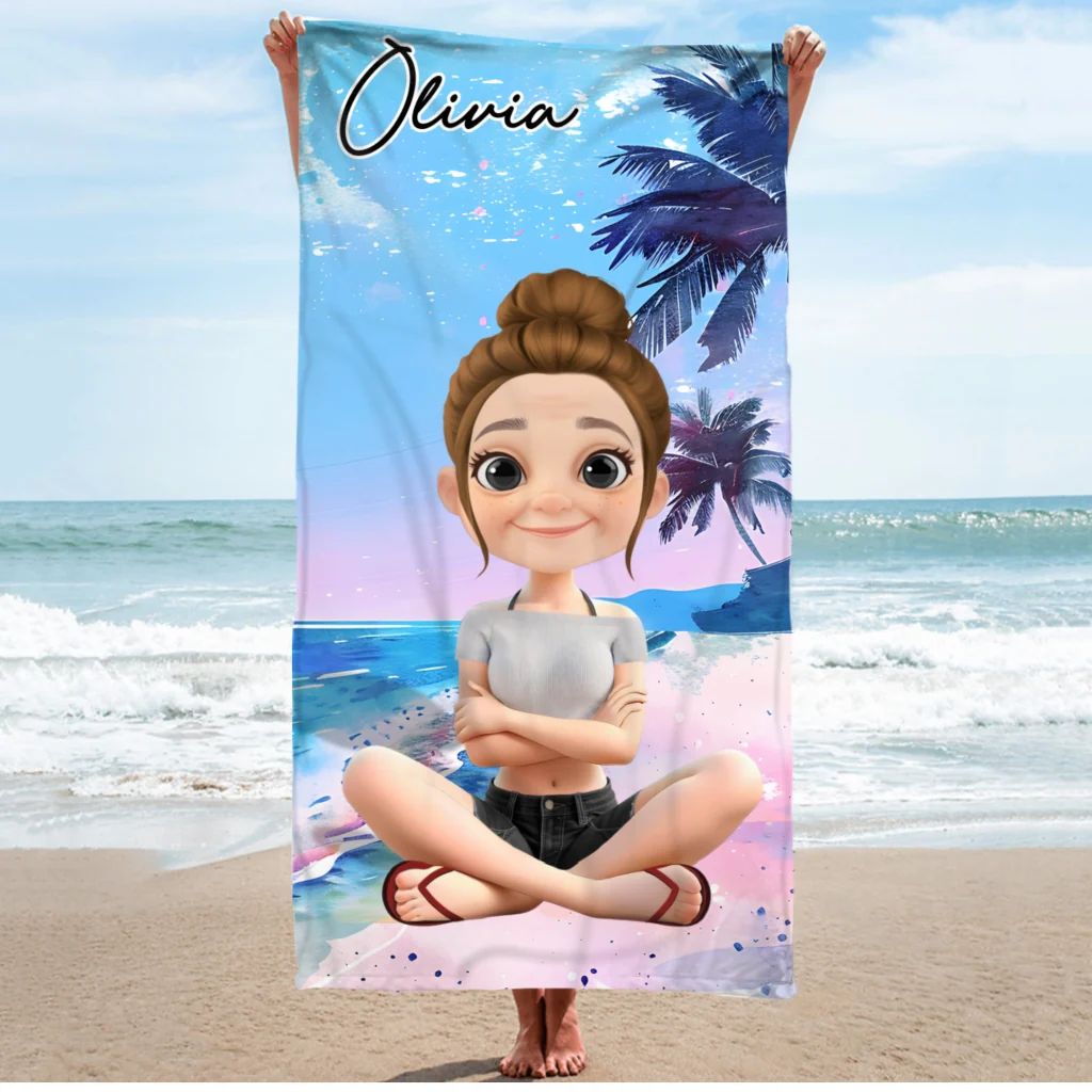 Summer Lady Cartoonize - Personalized Custom Beach Towel - Image 6