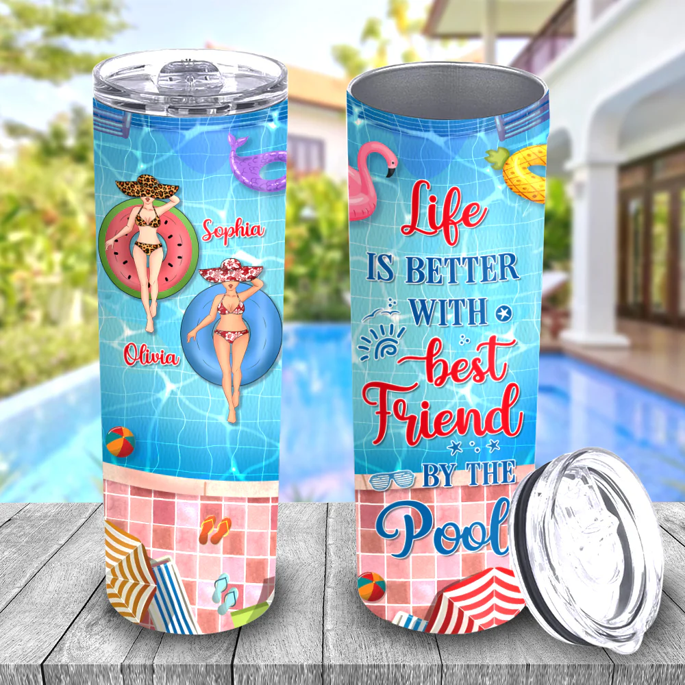 Summer With Bestie - Personalized Custom Skinny Tumbler - Image 2