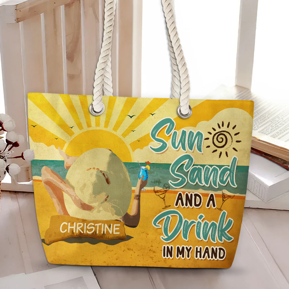 Sun Sand And A Drink In My Hand - Personalized Beach Bag - Image 2