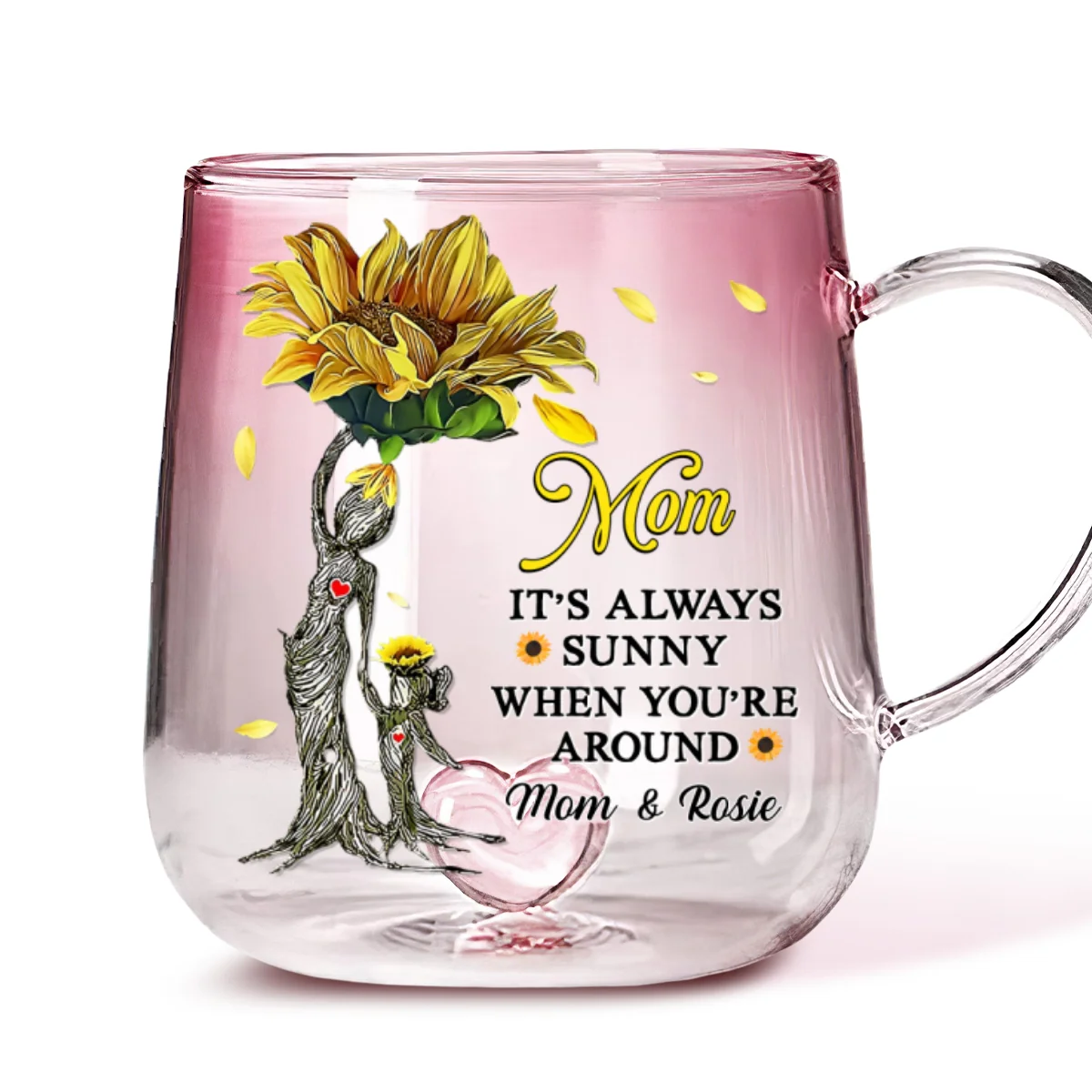Sunflower Love - Personalized Custom Pink Gradient Glass Mug - Image 5