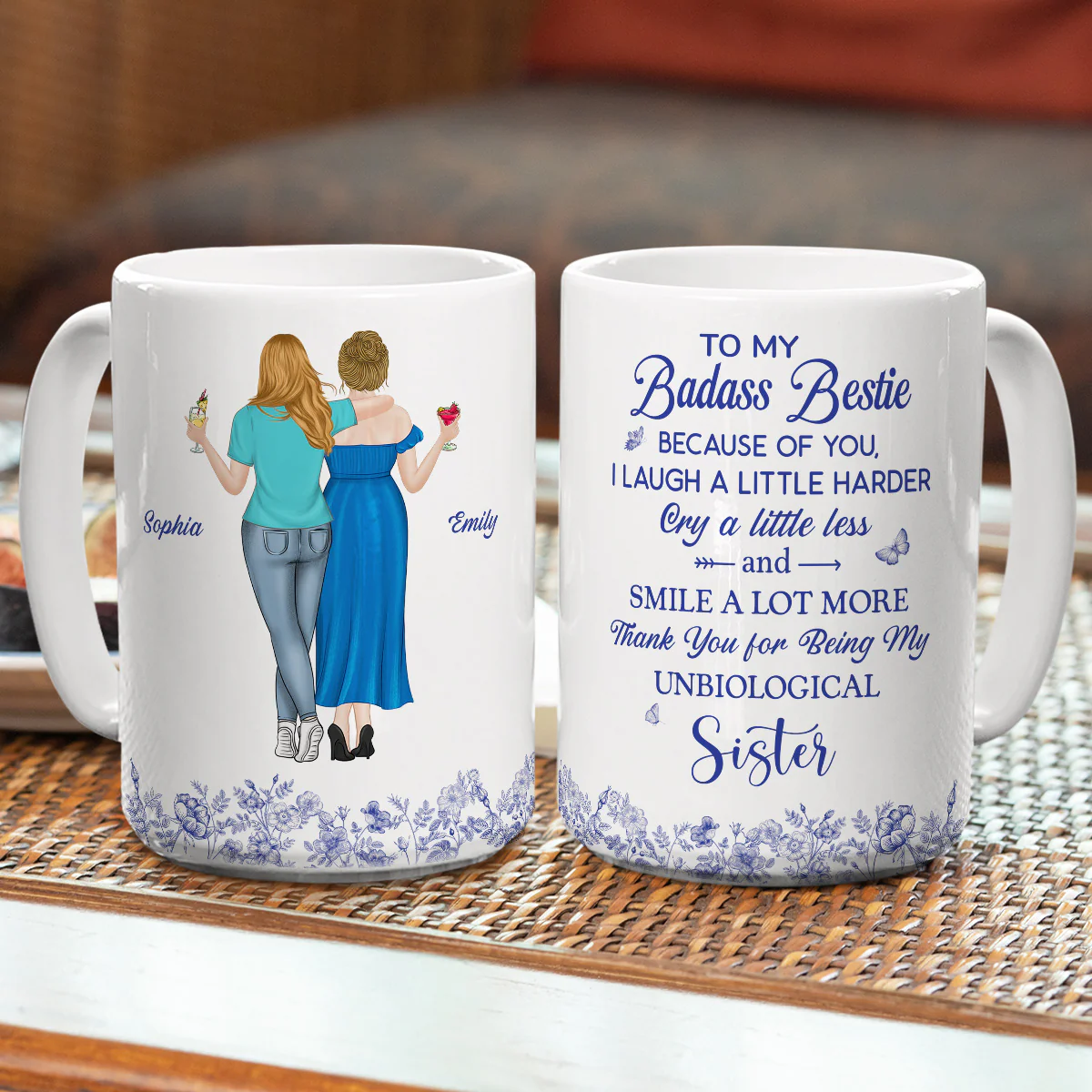 Thank You for Being My Sister Flower Toile - Personalized Custom Coffee Mug - Image 8