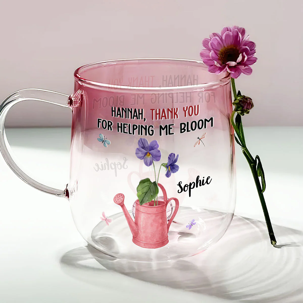 Thank You For Helping Me Bloom - Personalized Custom Pink Gradient Glass Mug - Image 2