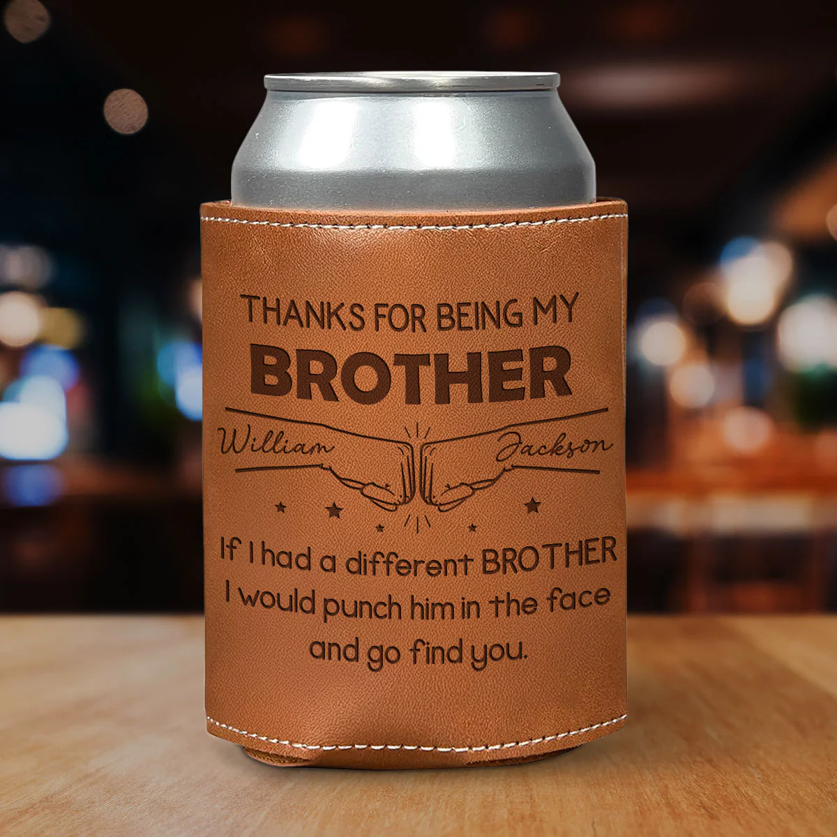 Thanks For Being My Brother - Personalized Custom Engraved Leather Can Cooler Holder