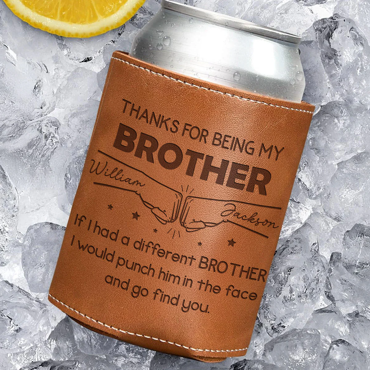 Thanks For Being My Brother - Personalized Custom Engraved Leather Can Cooler Holder - Image 3