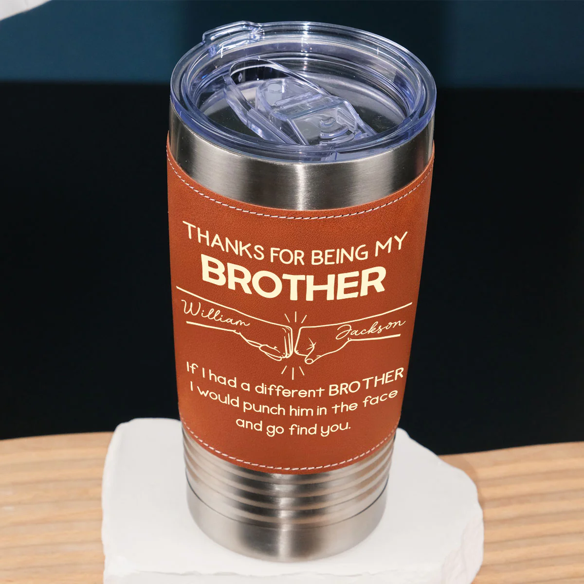 Thanks For Being My Brother - Personalized Custom Leather Tumbler - Image 2