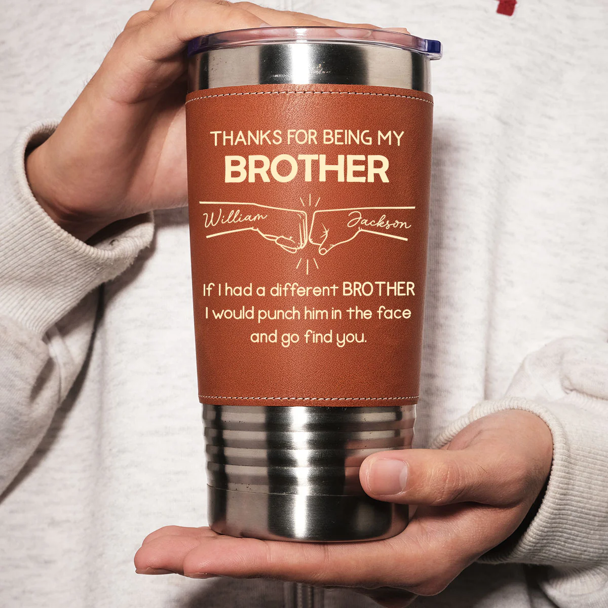 Thanks For Being My Brother - Personalized Custom Leather Tumbler - Image 4