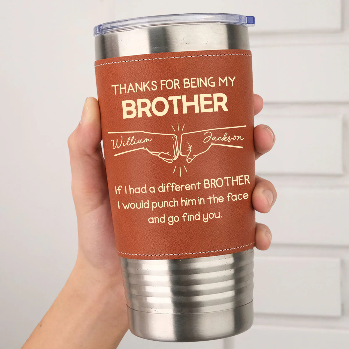 Thanks For Being My Brother - Personalized Custom Leather Tumbler - Image 5