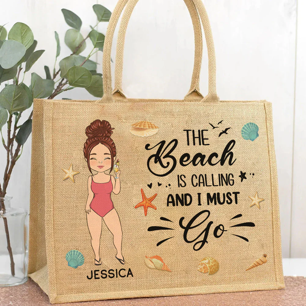 The Beach Is Calling And I Must Go - Personalized Custom Jute Tote Bag - Image 2