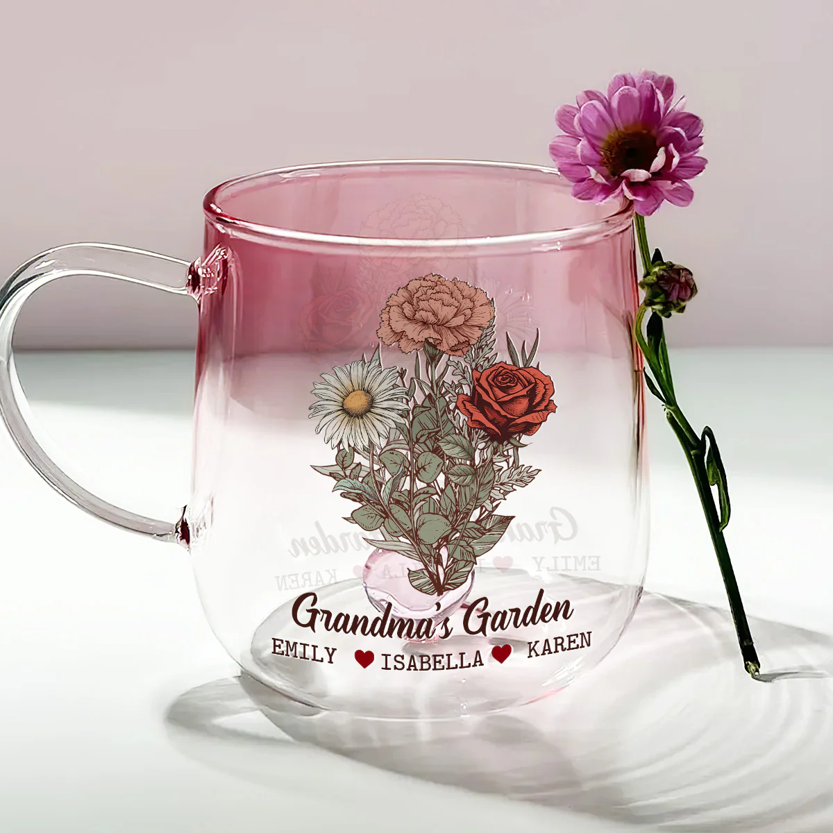 The Garden Of Grandma - Personalized Custom Pink Gradient Glass Mug - Image 2