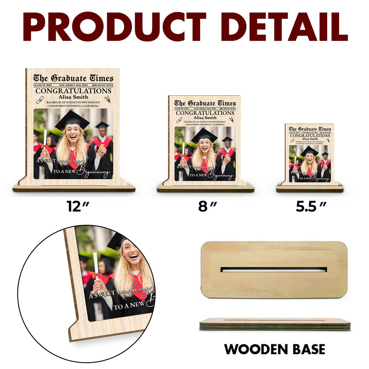 The Graduate Times - Personalized Custom 2-Layer Wood Plaque With Flat Base - Image 6