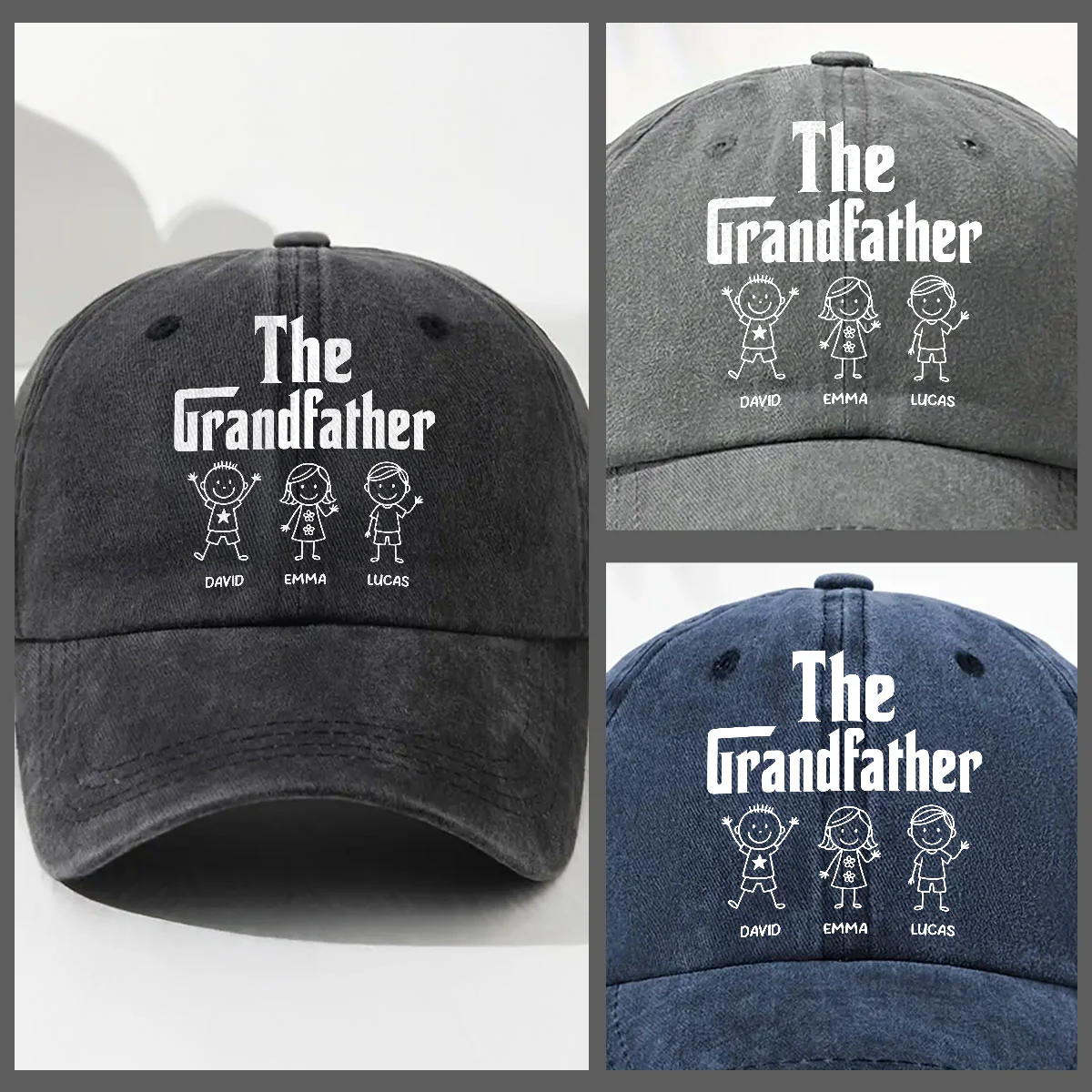 The Grandfather Version 2 - Personalized Custom Vintage Washed Denim Cap - Image 3