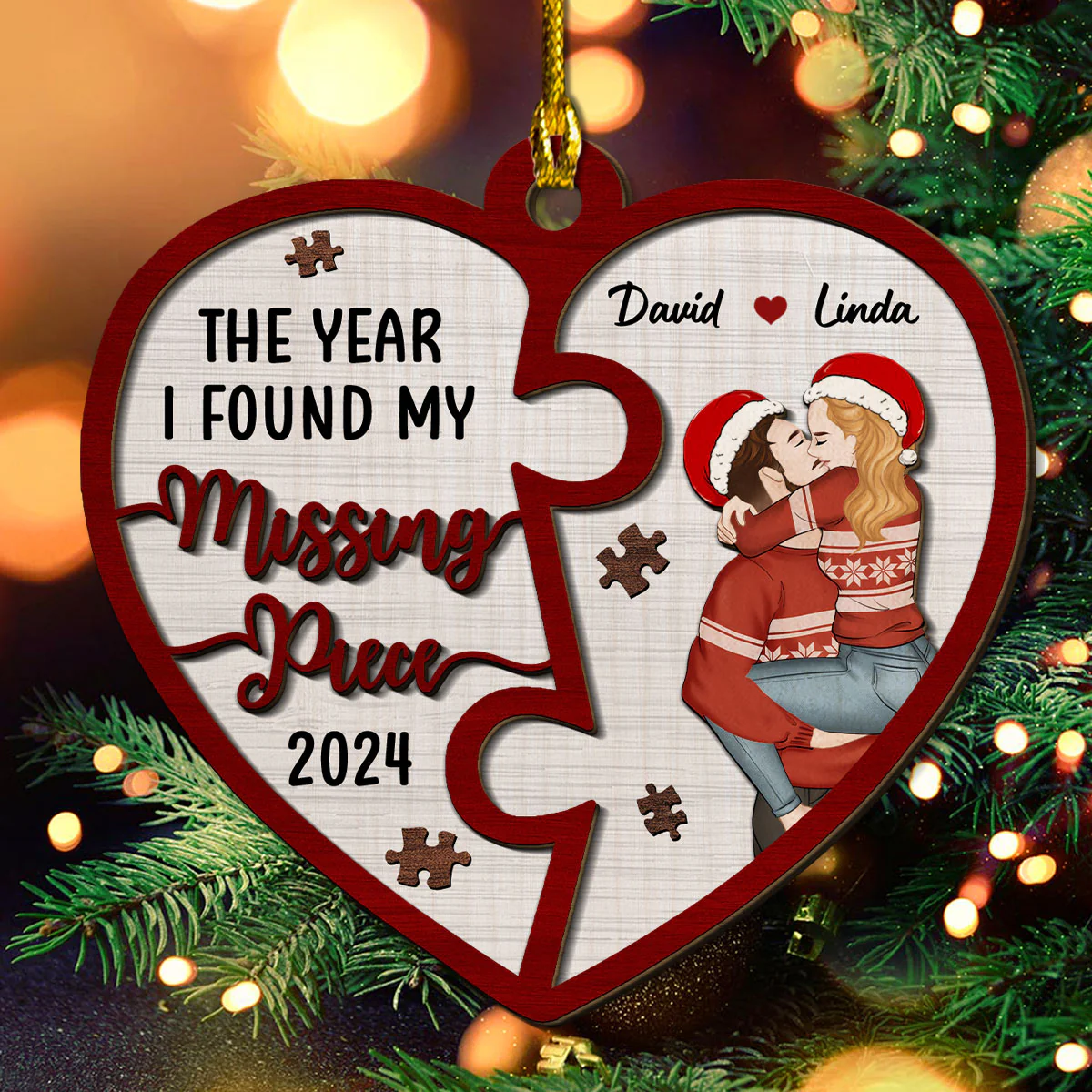 The Year I Found My Missing Piece Heart Puzzle - Personalized Custom 2-Layered Wood Ornament - Image 4