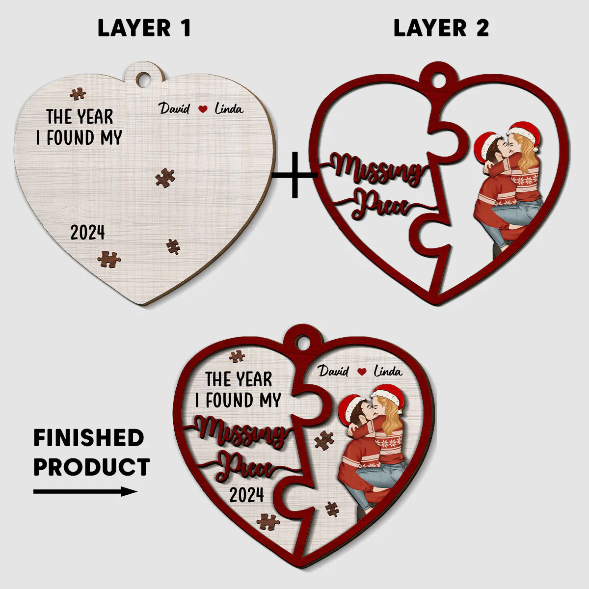 The Year I Found My Missing Piece Heart Puzzle - Personalized Custom 2-Layered Wood Ornament - Image 5
