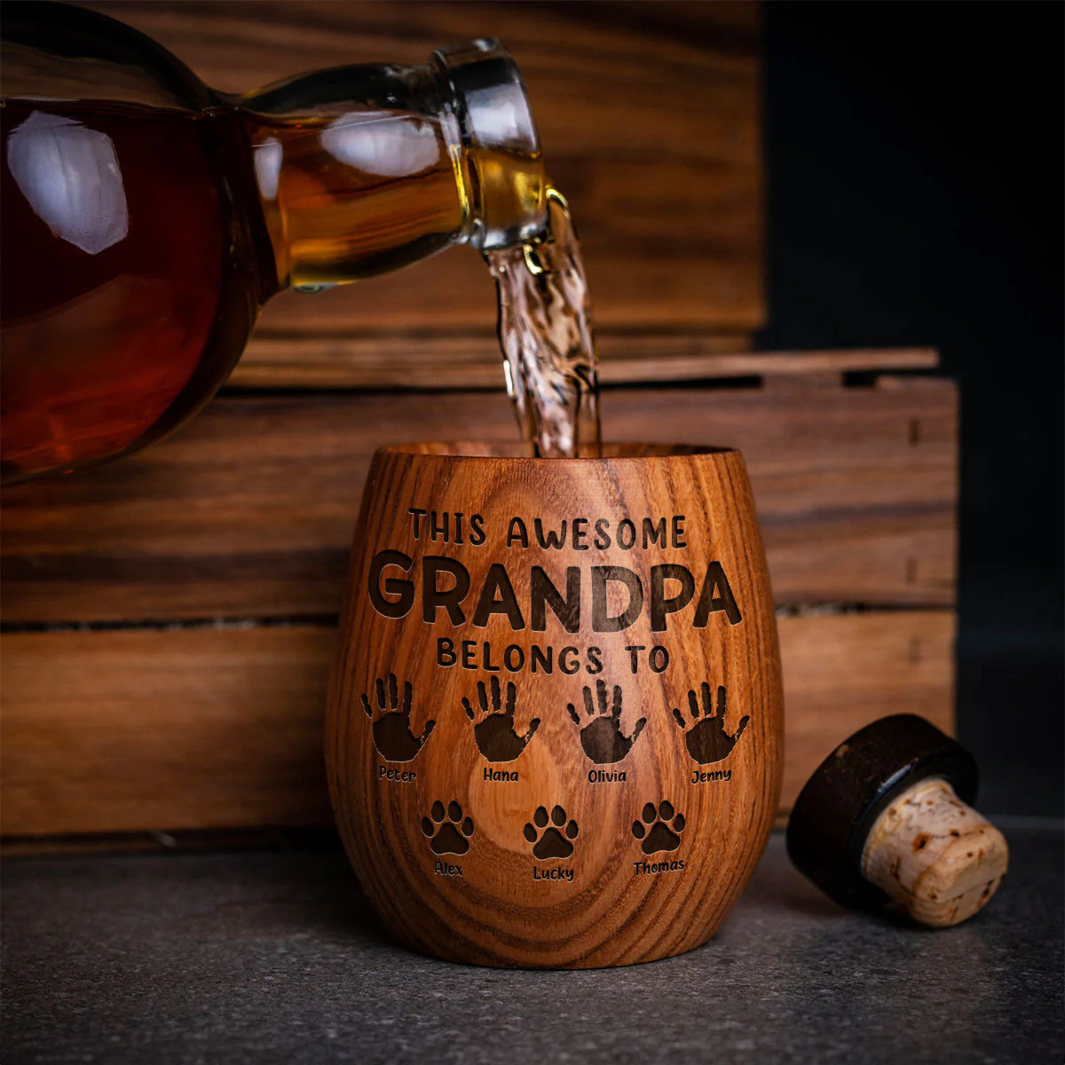 This Awesome Daddy Belongs To - Personalized Custom Engraved Wooden Whiskey Glass - Image 3