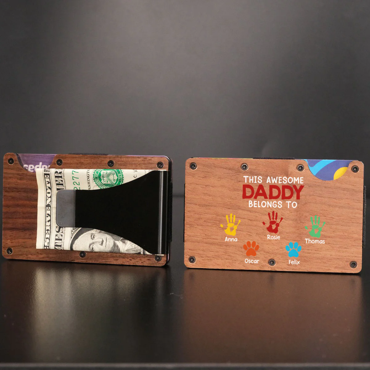 This Awesome Daddy Belongs To - Personalized Custom Wooden Card Holder - Image 2