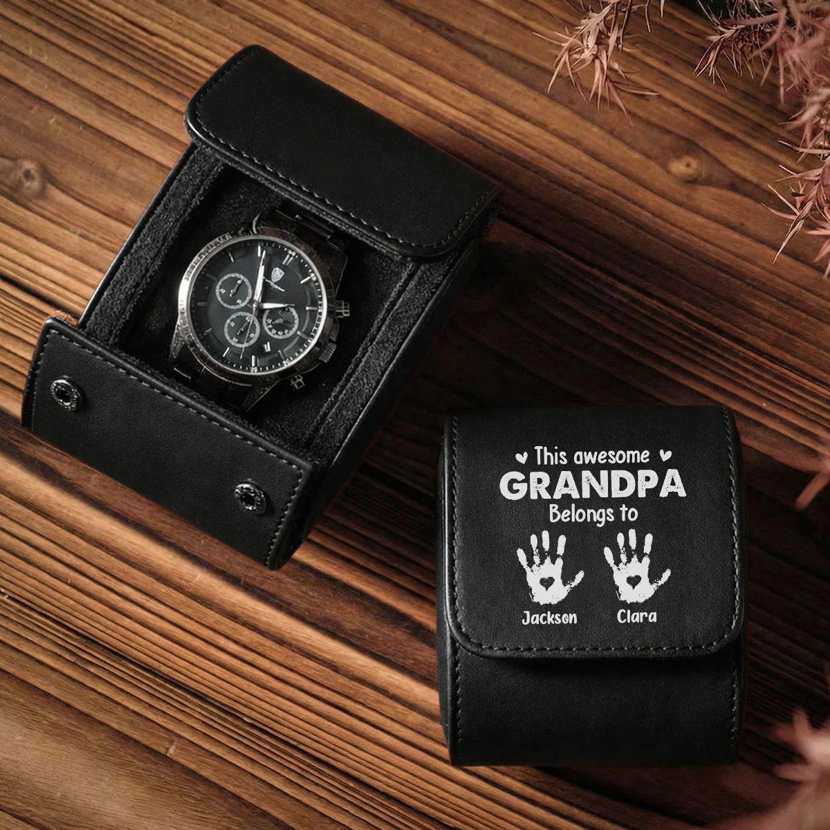 This Awesome Grandpa Belongs To - Personalized Custom Leather Watch Case - Image 2