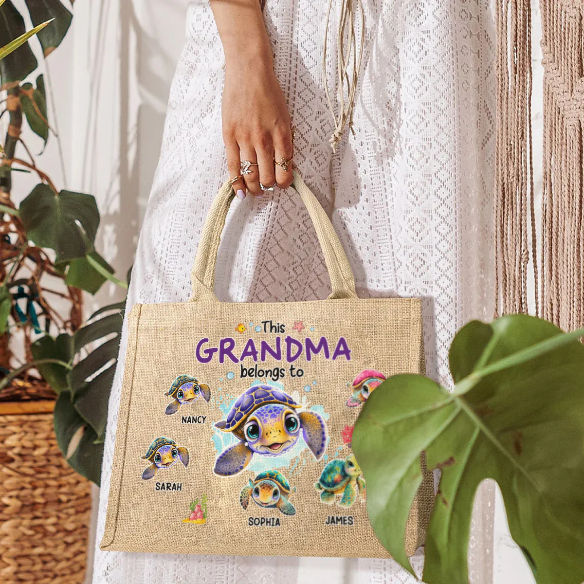 This Grandma Belongs To - Personalized Custom Jute Tote Bag - Image 3