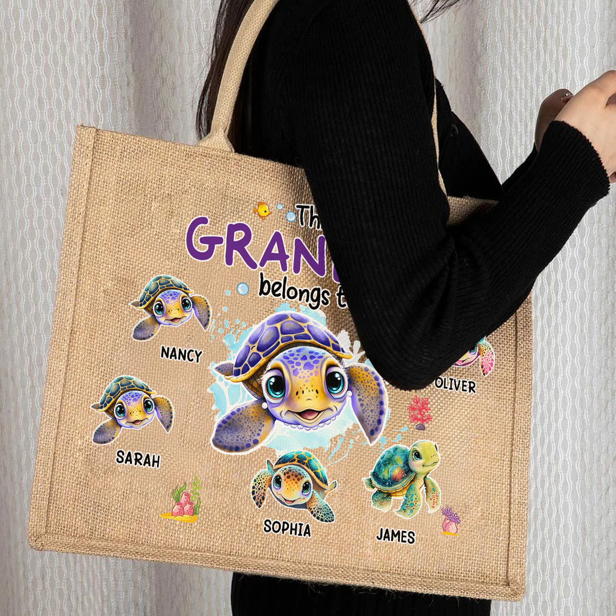 This Grandma Belongs To - Personalized Custom Jute Tote Bag - Image 7