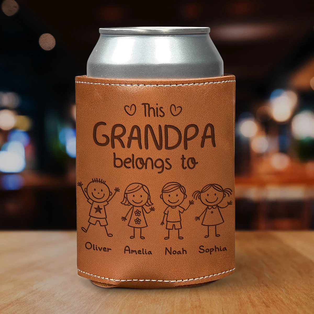 This Grandpa Belongs To Us - Personalized Custom Engraved Leather Can Cooler Holder