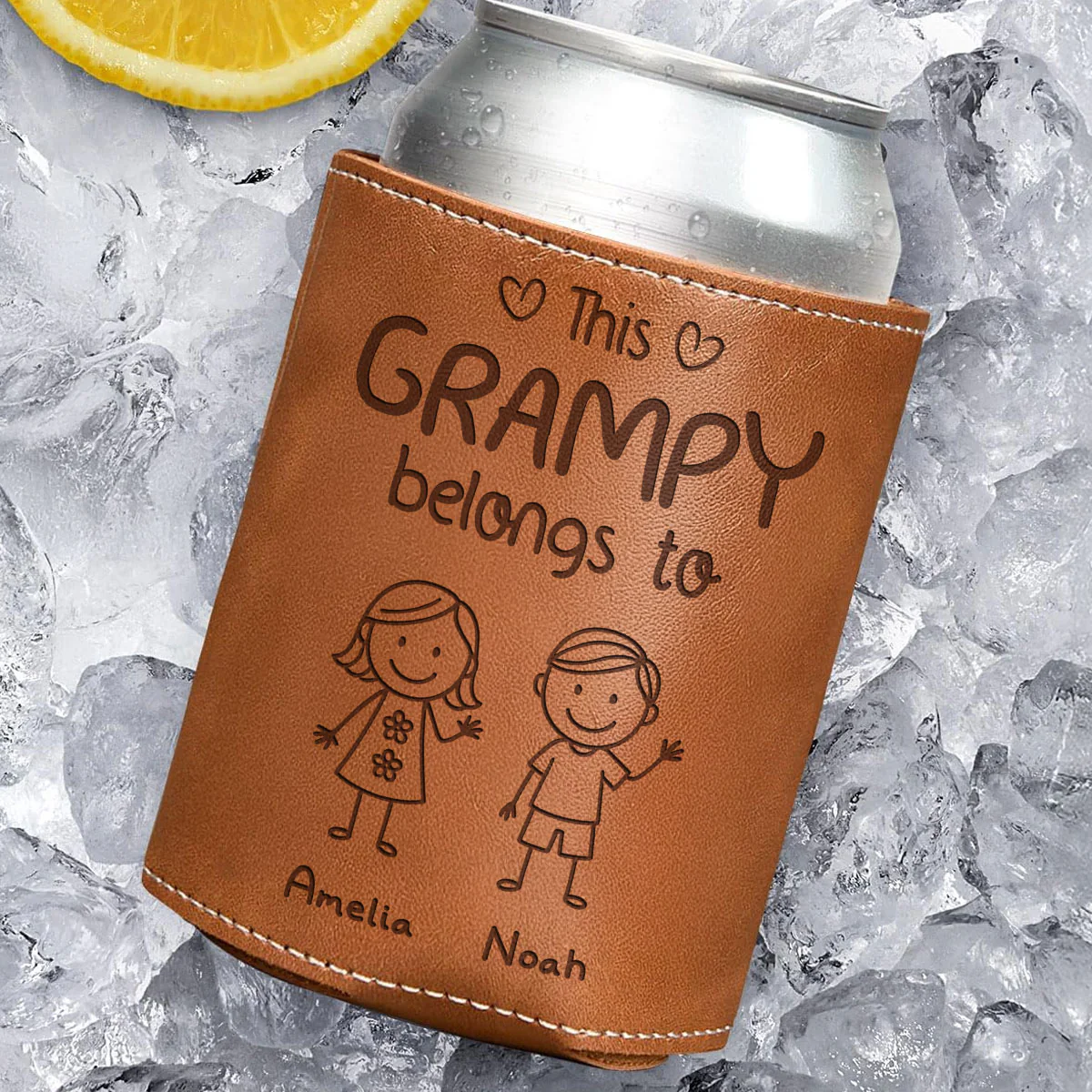 This Grandpa Belongs To Us - Personalized Custom Engraved Leather Can Cooler Holder - Image 3