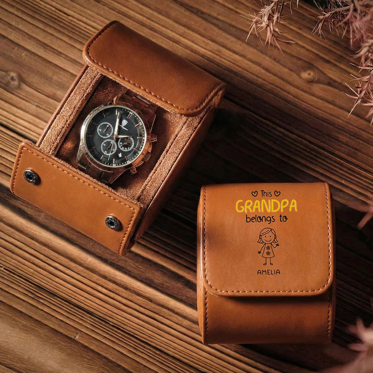 This Grandpa Belongs To Us - Personalized Custom Leather Watch Case - Image 2
