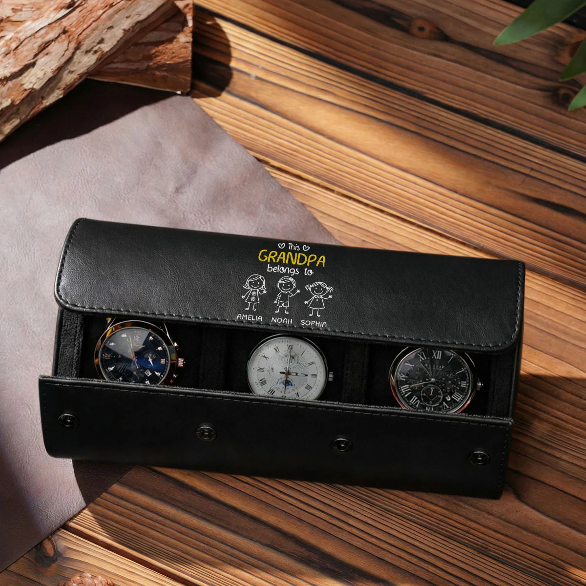 This Grandpa Belongs To Us - Personalized Custom Leather Watch Case - Image 4
