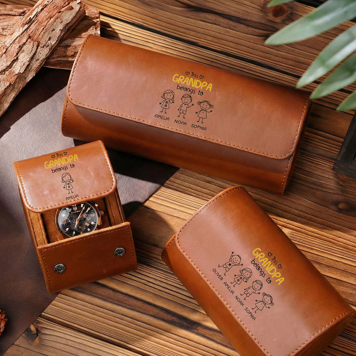 This Grandpa Belongs To Us - Personalized Custom Leather Watch Case - Image 6