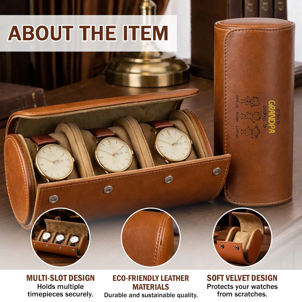 This Grandpa Belongs To Us - Personalized Custom Leather Watch Case - Image 7