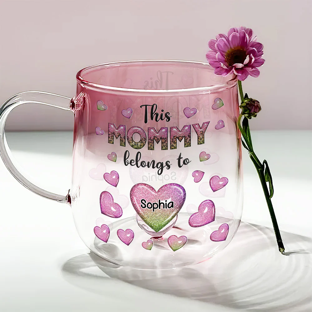 This Mom Belongs To - Personalized Custom Pink Gradient Glass Mug - Image 2