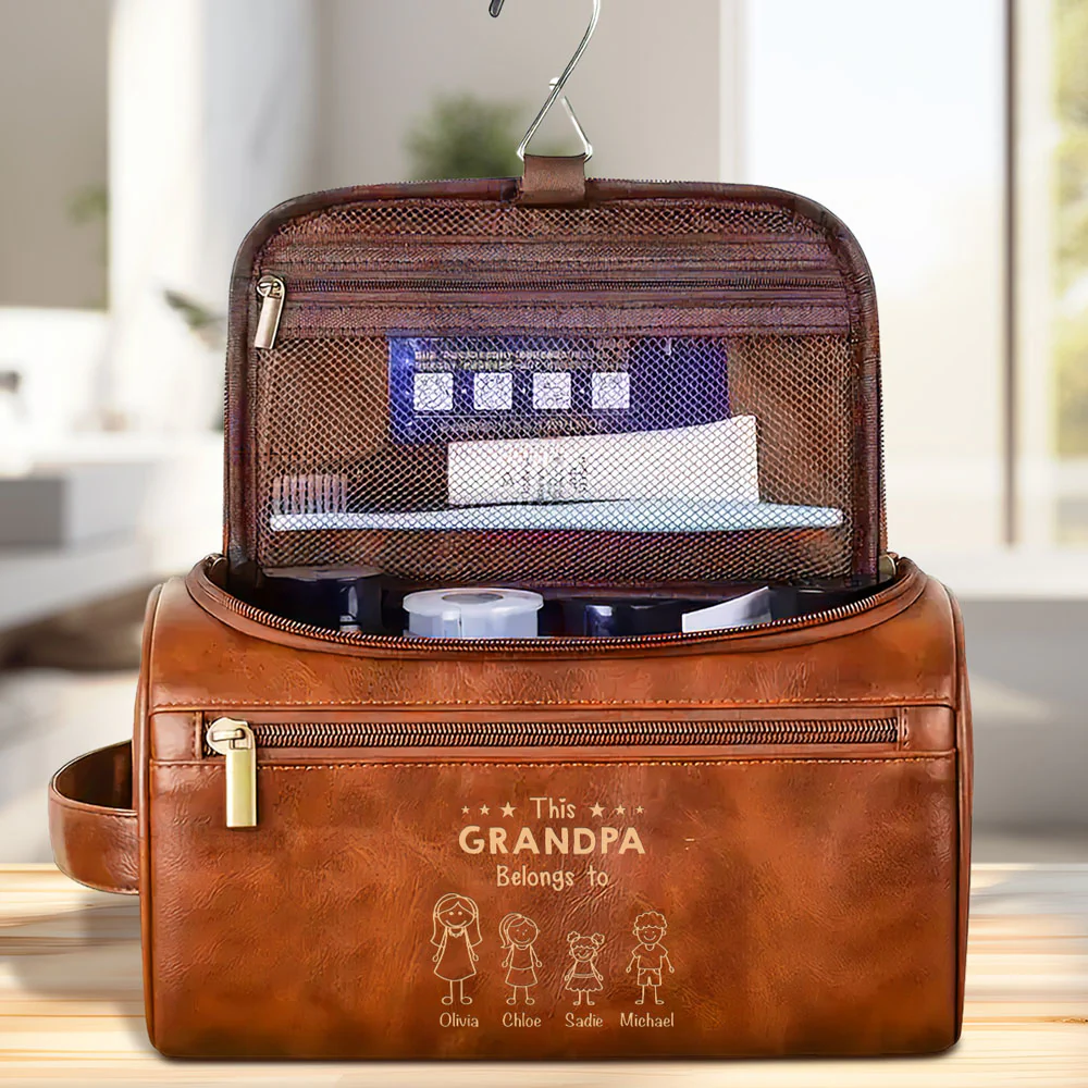 This Papa Belongs To - Personalized Custom Engraved Leather Toiletry Bag