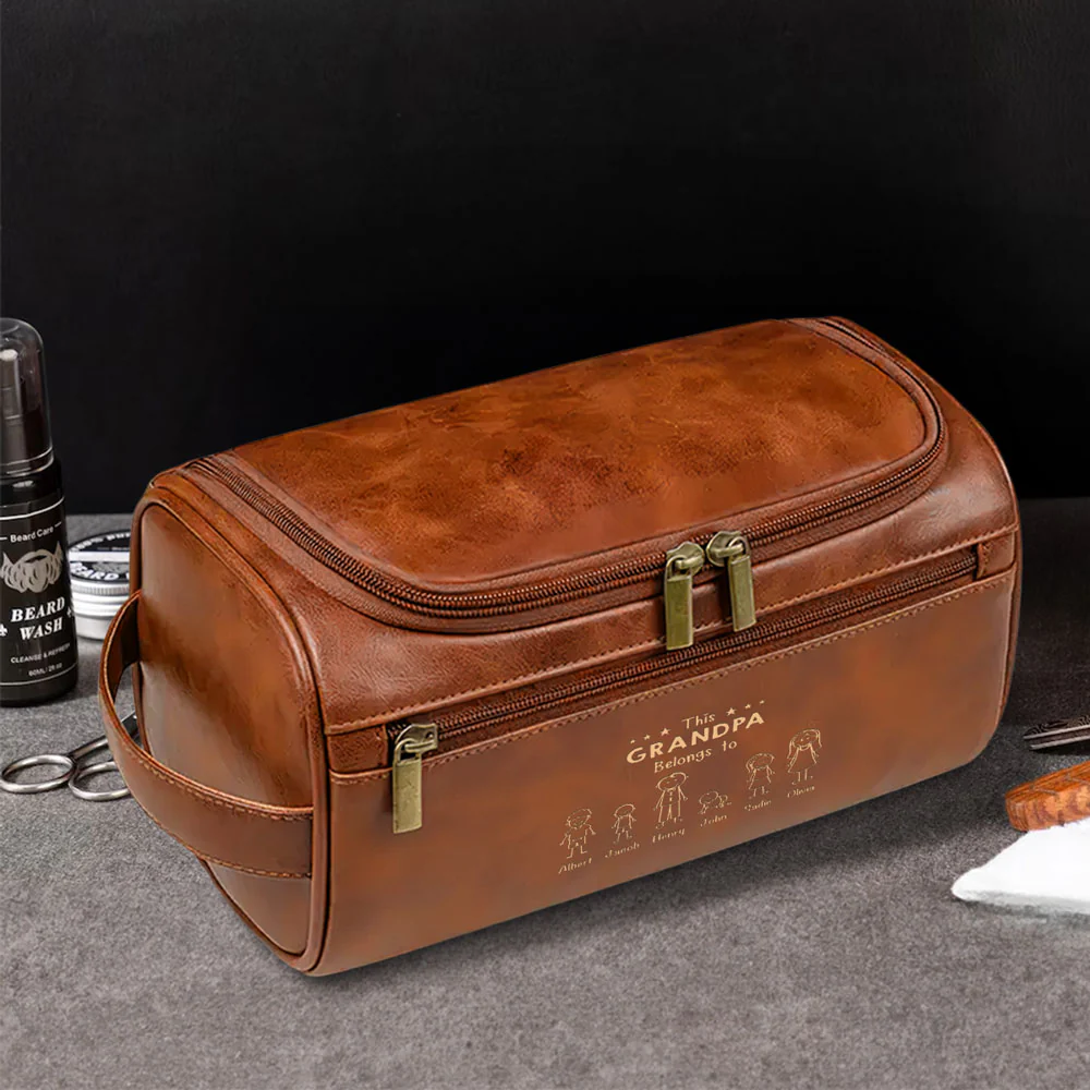 This Papa Belongs To - Personalized Custom Engraved Leather Toiletry Bag - Image 3